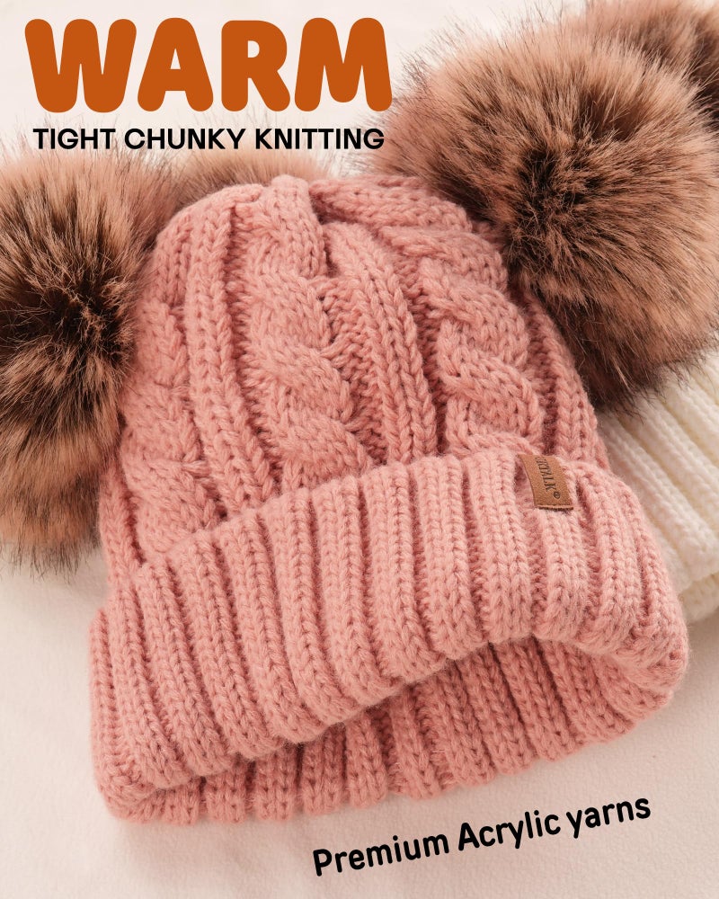 FURTALK Toddler Warm Winter Hat Kids Baby Knitted Soft Beanie with Double Faux Fur Pom Poms for Girls Boys Pink,2-6 Years - Image 2